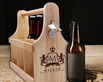 Carrito de cerveza personalizado, portador de cerveza personalizado con abridor de botellas, carrito de cerveza de madera grabado, paquete de 6 carrito portador de cerveza de madera