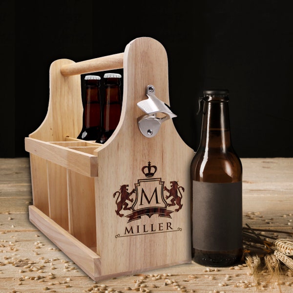 Personalized Beer Caddy, Custom Beer Carrier with Bottle Opener, Engraved Wood Beer Caddy, 6 Pack Wooden Beer Carrier Caddy