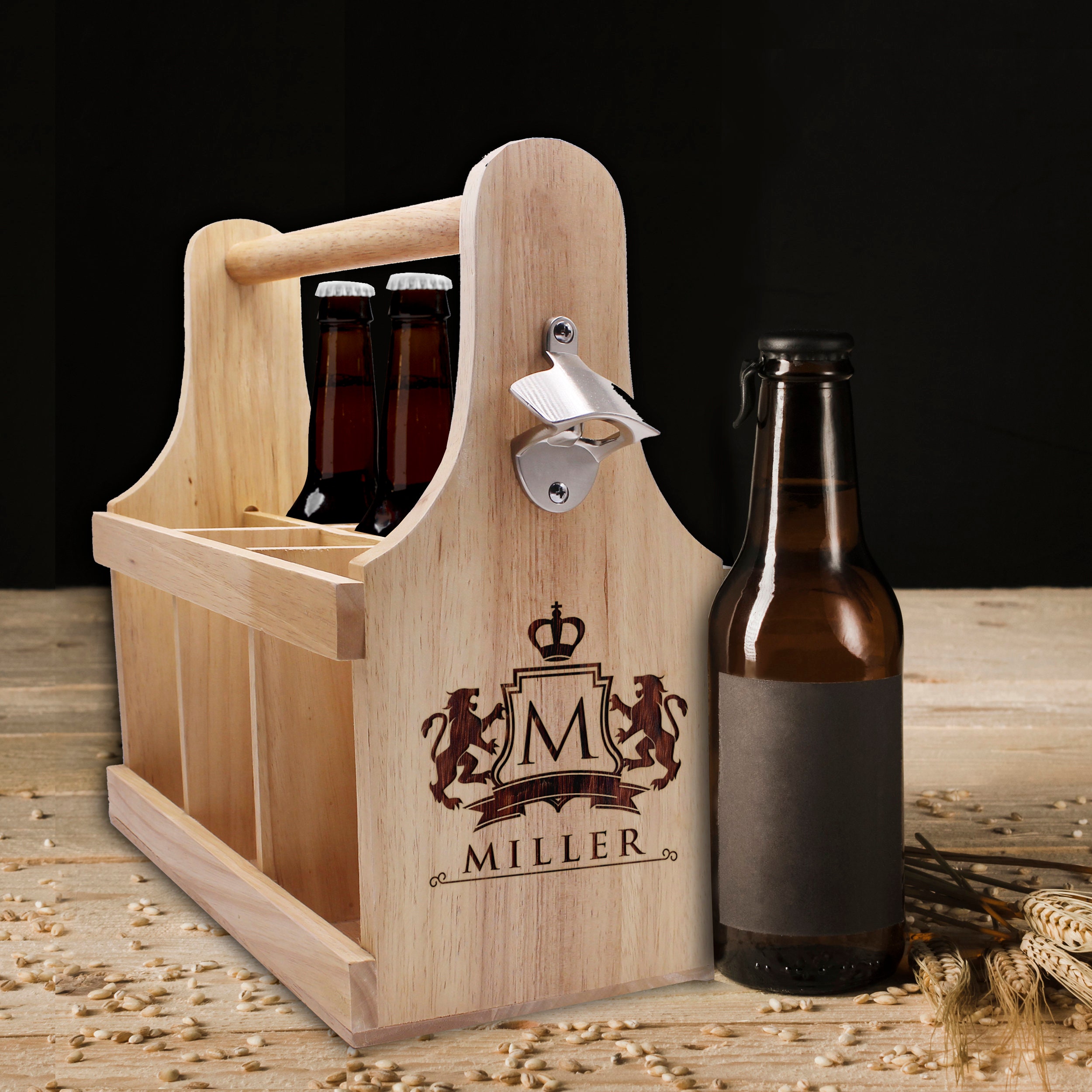  MyGift Rustic Solid Torched Wood 6 Slot Beverage Bottle Carrier  Beer Caddy with Napkin Holder, Built-In Bottle Opener and Black Metal Side  Accents: Home & Kitchen