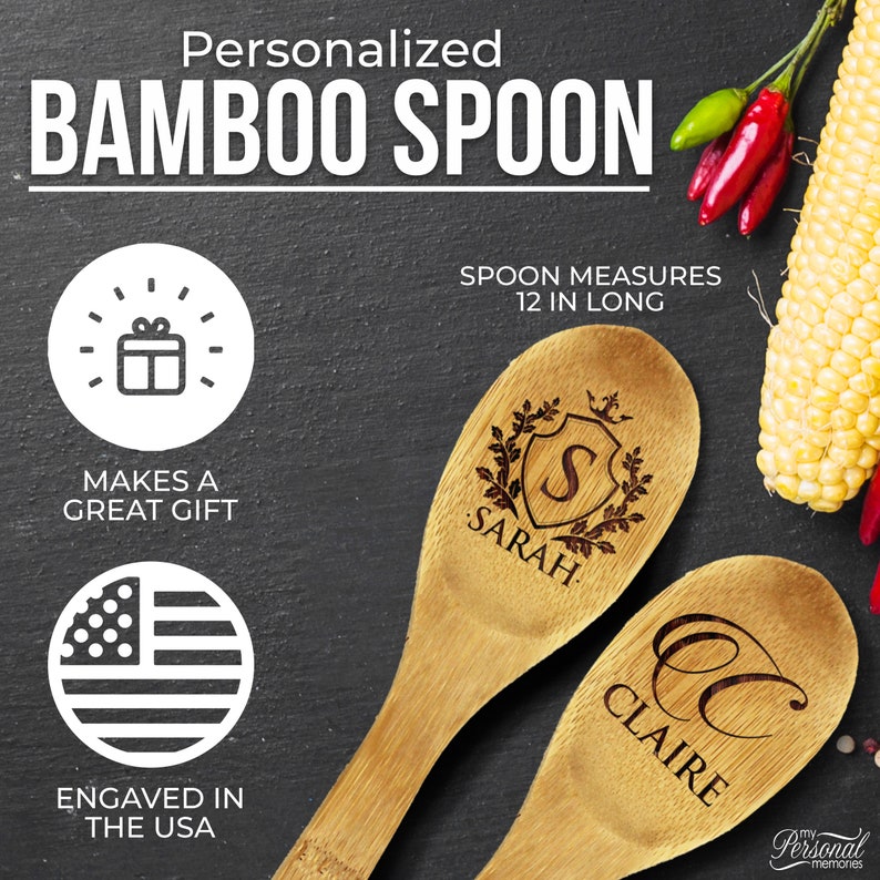 May include: Personalized bamboo spoons, engraved in the USA. Each spoon measures 12 inches long and features a custom design. One spoon has the name "Sarah" and the initial "S", the other has the name "Claire" and the initial "C". Makes a great gift.