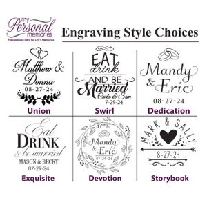 May include: A graphic showing 9 different engraving styles for personalized gifts. The styles are called Union, Swirl, Dedication, Exquisite, Devotion, and Storybook. Each style features a different design and text.