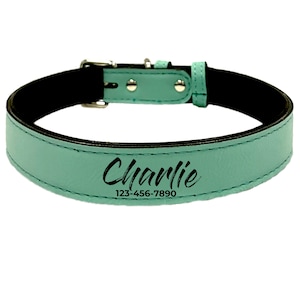 Op de afbeelding: Een turquoise leren hondenhalsband met zwarte stiksels en een zwart interieur. De halsband heeft een zilveren gesp en een naam en telefoonnummer in zwart gedrukt: "Charlie" en "123-456-7890".