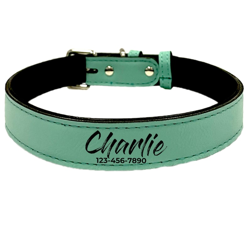 Op de afbeelding: Een turquoise leren hondenhalsband met zwarte stiksels en een zwart interieur. De halsband heeft een zilveren gesp en een naam en telefoonnummer in zwart gedrukt: "Charlie" en "123-456-7890".