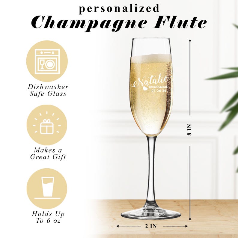 Personalized Champagne Glasses for Bridesmaids, Wedding Champagne Flutes, Bridesmaid Champagne Flute, Bridesmaid Flute Glasses image 3