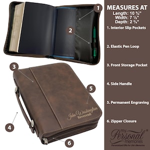 May include: Brown leather Bible cover with a zipper closure, side handle, and elastic pen loop. The cover measures 10 3/4" long, 7 1/2" wide, and 2 3/4" deep. Features include interior slip pockets and a front storage pocket. The cover is engraved with "John Washington Reverend".