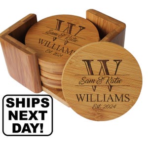 Housewarming Gift, Engraved Coasters, Personalized Wedding Coasters, Coaster Set of 6, Wedding Gifts for Couple, Bamboo Drink Coasters