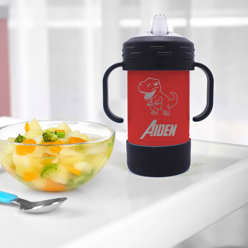 May include: Red insulated toddler sippy cup with a black lid and handles. The cup features a dinosaur graphic and the name "AIDEN" engraved on the side.