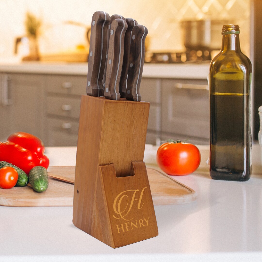 Custom Knife Block Stand, Personalized Kitchen Knife Set, Engraved