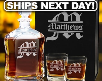 Personalized Whiskey Decanter Set for Couples, Custom Engraved Mr and Mrs Bourbon Scotch Glasses, Wedding Anniversary Engagement Gift
