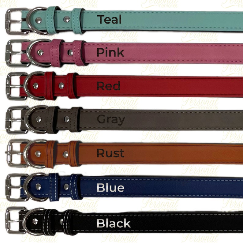 Op de afbeelding: Een selectie van hondenriemen in verschillende kleuren, waaronder teal, roze, rood, grijs, roest, blauw en zwart. Elke halsband heeft een zilverkleurige gesp en is voorzien van de kleurnaam.