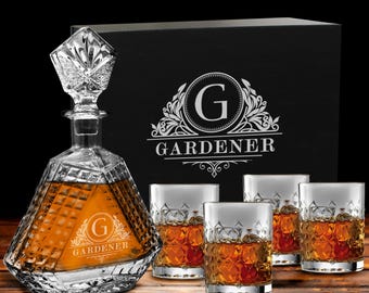 Personalized Whiskey Decanter Set, Engraved Triangle Decanter and Rocks Glasses, Bourbon Gift