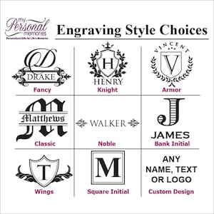 May include: A grid of nine black and white engraving style choices labeled My Personal Memories Engraving Style Choices. Options include Fancy, Knight, Armor, Classic, Noble, Bank Initial, Wings, Square Initial, and Custom Design with sample text.