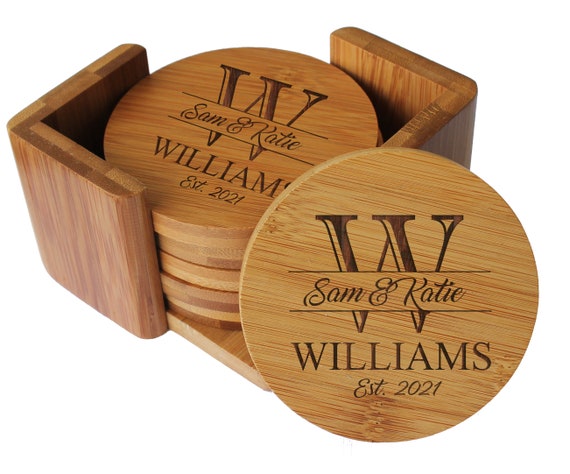 New Home Gift Wood Coasters for Table Drinks Wedding Favours Mugs Personalised Wooden Coaster Set Custom Initial Name Coasters