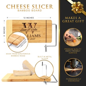 May include: A personalized bamboo cheese board with a built-in metal slicer. The board is 12 inches long and 6 inches wide. The board is engraved with the initials "W" and the text "Sam & Katie Williams est. 2021".