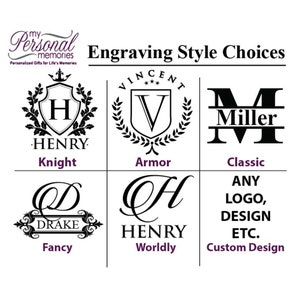 May include: Image showcasing engraving style choices for personalized gifts. Options include Knight, Armor, Classic, Fancy, Worldly, and Custom Design. Each style features unique fonts and decorative elements, with the brand name "my Personal Memories" at the top.