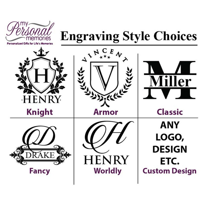 May include: Image showcasing engraving style choices for personalized gifts. Options include Knight, Armor, Classic, Fancy, Worldly, and Custom Design. Each style features unique fonts and decorative elements, with the brand name "my Personal Memories" at the top.