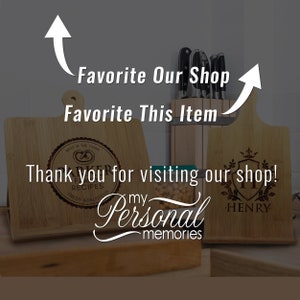 May include: Two light brown bamboo cutting boards with handles, each featuring custom laser-engraved designs. One board displays a circular pretzel logo with the text Parker Family Recipes, while the other shows a crest with the name Henry.