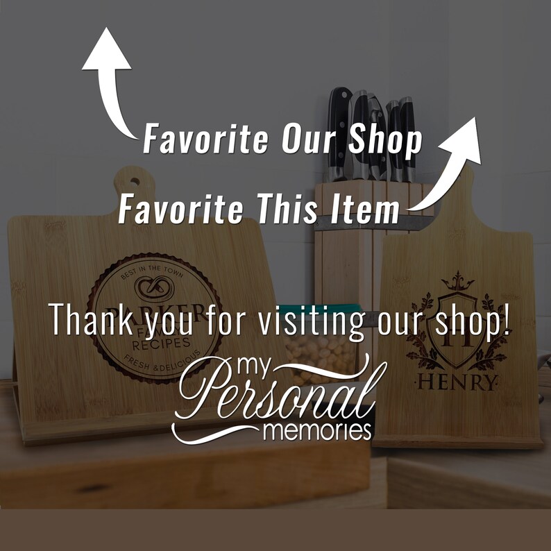 May include: Two light brown bamboo cutting boards with handles, each featuring custom laser-engraved designs. One board displays a circular pretzel logo with the text Parker Family Recipes, while the other shows a crest with the name Henry.