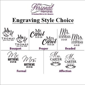 May include: Image displaying engraving style options for personalised gifts. Styles include "Bouquet," "Proper," "Beaded," "Formal," and "Affection," with examples of names and dates. The brand logo is at the top of the image.