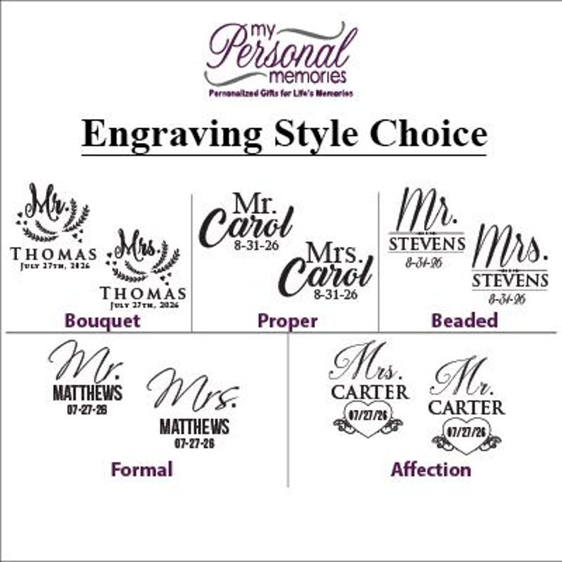 May include: Image displaying engraving style options for personalised gifts. Styles include "Bouquet," "Proper," "Beaded," "Formal," and "Affection," with examples of names and dates. The brand logo is at the top of the image.