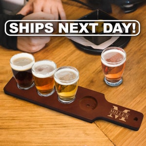 Personalized Beer Flight Set, Beer Paddle and 4 Beer Tasting Glasses, Craft Beer Sampler, Beer Flight Board Set Paddle Holder image 1
