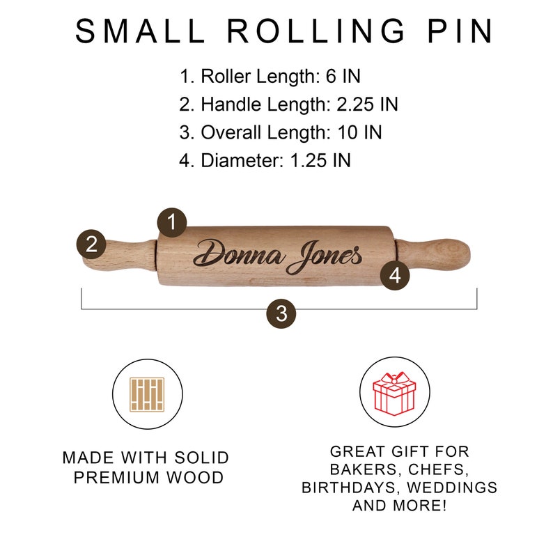 Puede incluir: Un peque&ntilde;o rodillo de madera con el nombre "Donna Jones" grabado. El rodillo mide 15,24 cm de largo, con una longitud total de 25,4 cm. El di&aacute;metro es de 3,18 cm. Tambi&eacute;n se ve el texto "Hecho con madera maciza de primera calidad".