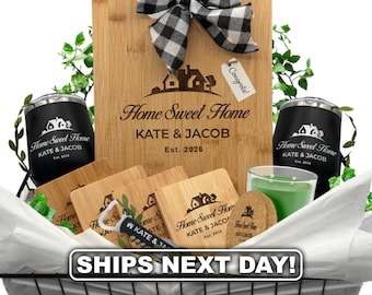 Personalized New Home Gift Basket with Cutting Board, Coasters & Tumblers – Realtor Closing Gift, Custom Housewarming Gift - Heritage Style