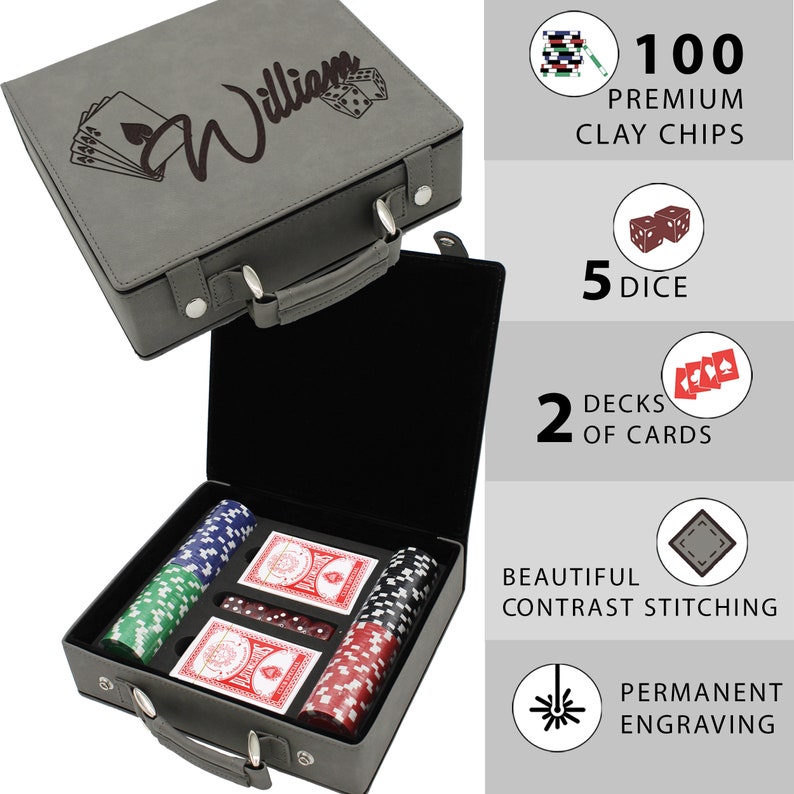 Personalized Poker Set, Poker Gifts, Poker Chip Display, Poker Player Gifts, Poker Lover Gifts, Poker Case, 100 Chip Set with Dice and Cards image 3