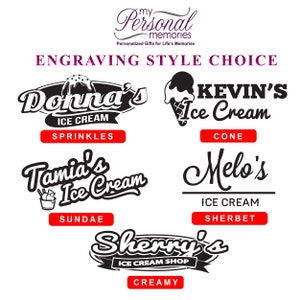May include: Five different ice cream shop logo designs with text and graphics. The logos are in black and white with red text for the shop names and the type of ice cream. The logos are: Donna's Ice Cream - Sprinkles, Tamia's Ice Cream - Sundae, Kevin's Ice Cream - Cone, Melo's Ice Cream - Sherbet, Sherry's Ice Cream Shop - Creamy.