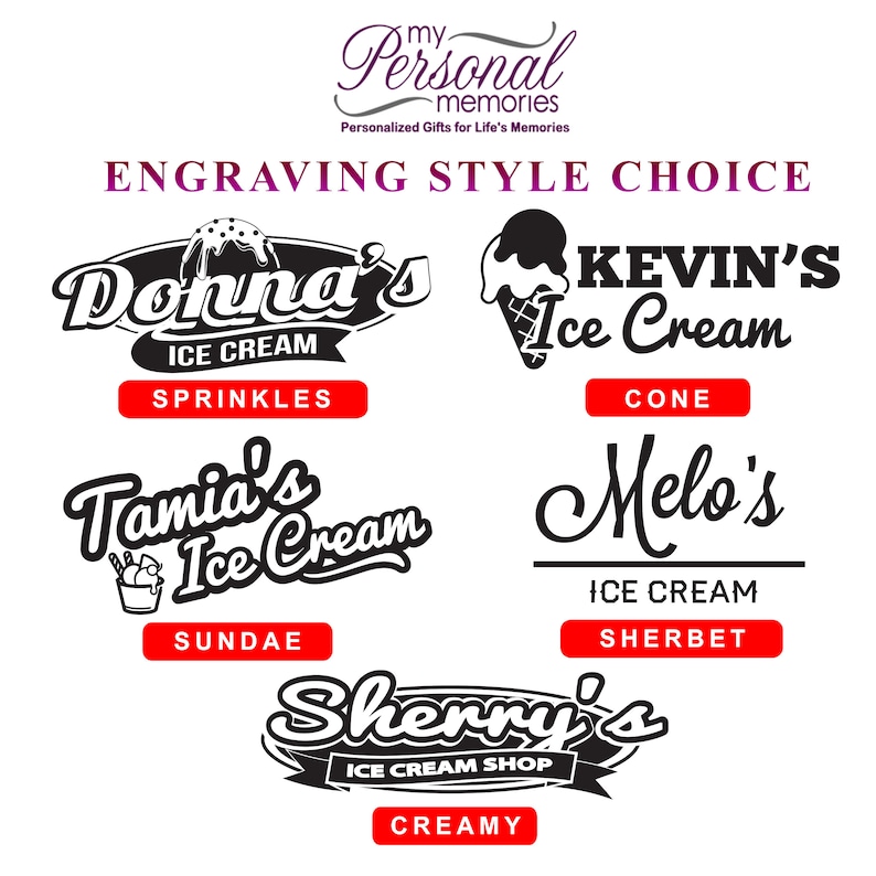 May include: Five different ice cream shop logo designs with text and graphics. The logos are in black and white with red text for the shop names and the type of ice cream. The logos are: Donna's Ice Cream - Sprinkles, Tamia's Ice Cream - Sundae, Kevin's Ice Cream - Cone, Melo's Ice Cream - Sherbet, Sherry's Ice Cream Shop - Creamy.