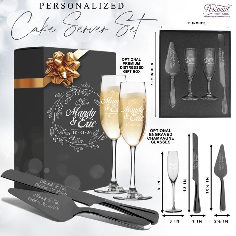 Juego de servidor de pastel personalizado y grabado - Regalo de bodas - Juego para servir y cortar pastel de bodas grabado, personalizado y con monograma imagen 3