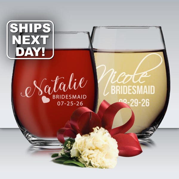 Custom Stemless Wine Glasses, Personalized Wine Glasses, Bridesmaid Gift, Bridesmaid Wine Glasses, Etched Wine Glasses, Engraved Wine Glass
