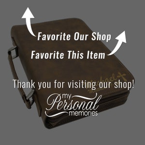 May include: A brown leather Bible cover with a handle and zipper closure. The cover has the text "Favorite Our Shop" and "Favorite This Item" with the words "my Personal memories" and "Thank you for visiting our shop!" in white.