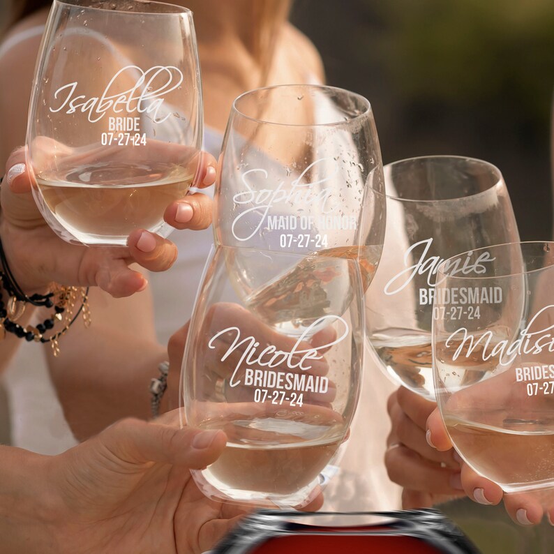 Custom Stemless Wine Glasses, Personalized Wine Glasses, Bridesmaid Gift, Bridesmaid Wine Glasses, Etched Wine Glasses, Engraved Wine Glass image 4