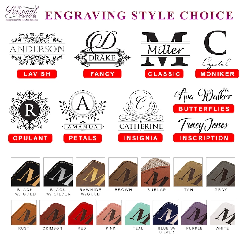 May include: Image showcasing engraving style options for personalized gifts. Features various fonts and designs, including names and initials, with color swatches for materials like black, brown, and pink. Text includes "Engraving Style Choice".