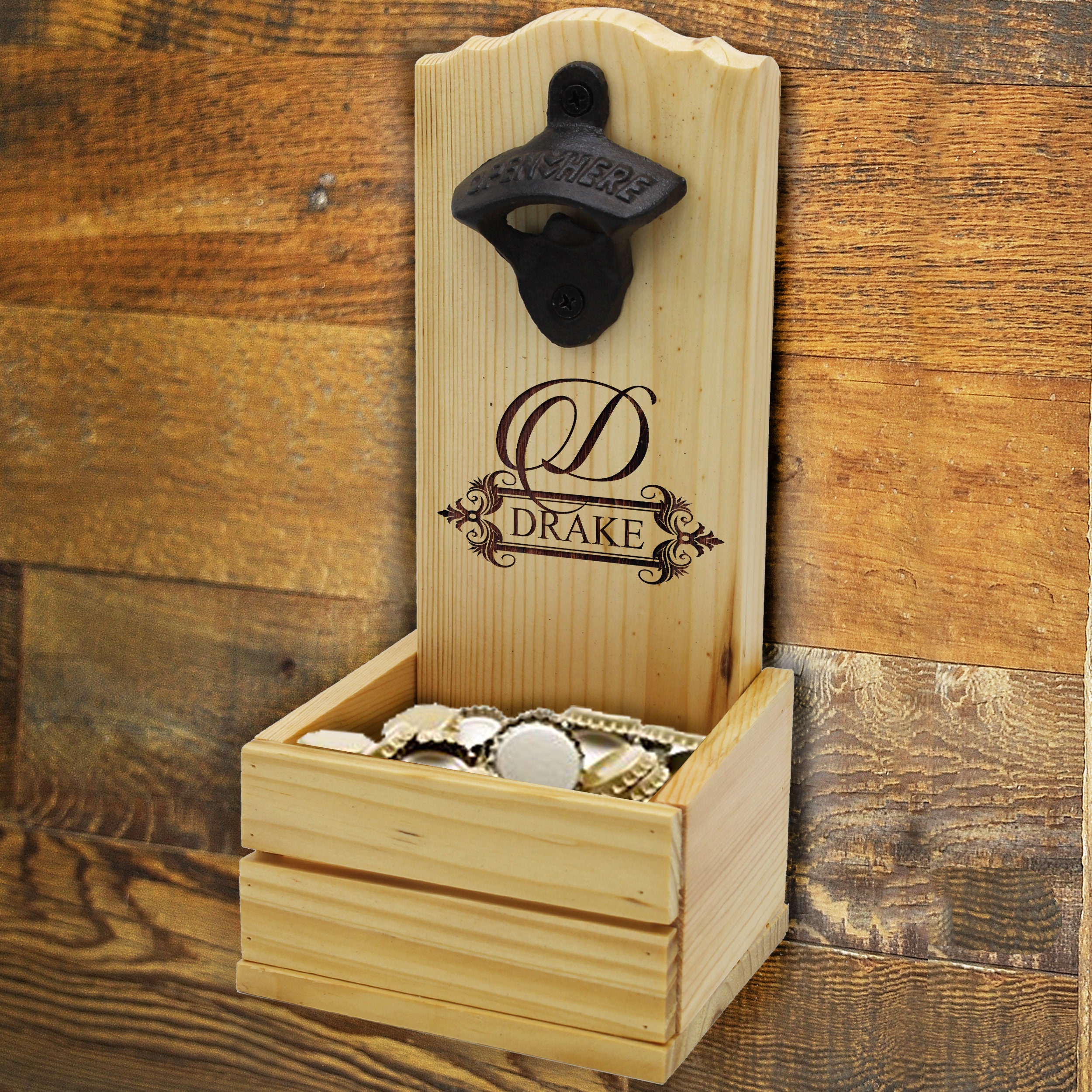 Personalized Wall Mounted Bottle Opener - Cap Catcher - Fine Leatherat Holtz Leather