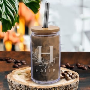 Glass Cup Bamboo Lid, Personalized Glass Cup with Straw, Custom Glass Cup with Wood Lid, Glass Cup Wood Lid