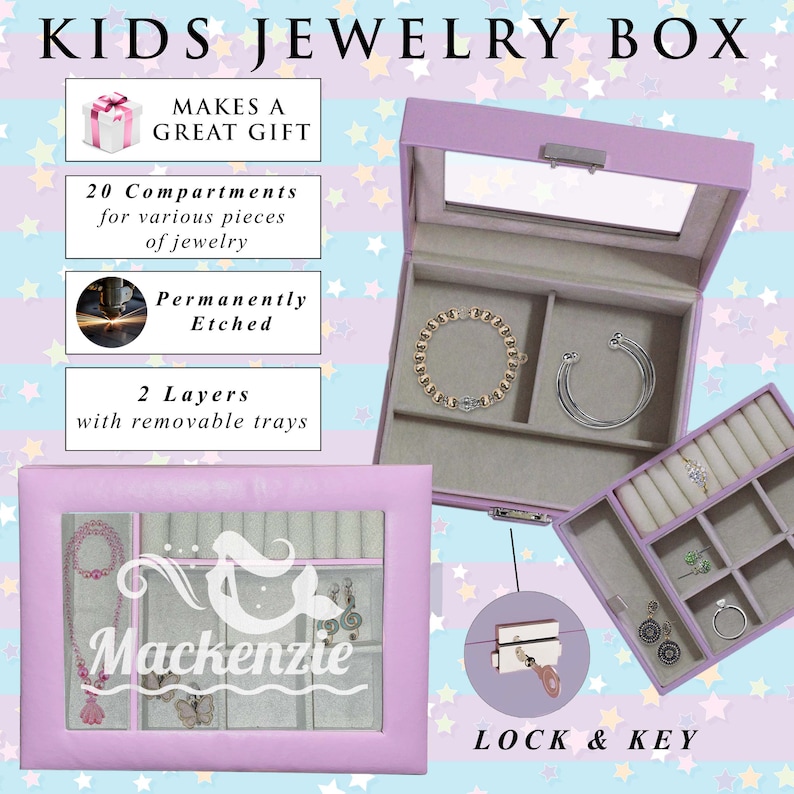 Personalized Kids Jewelry Box, Custom Little Girls Jewelry Box, Engraved Jewelry Box for Girls, Birthday Gift Jewelry Box for Little Girls image 3