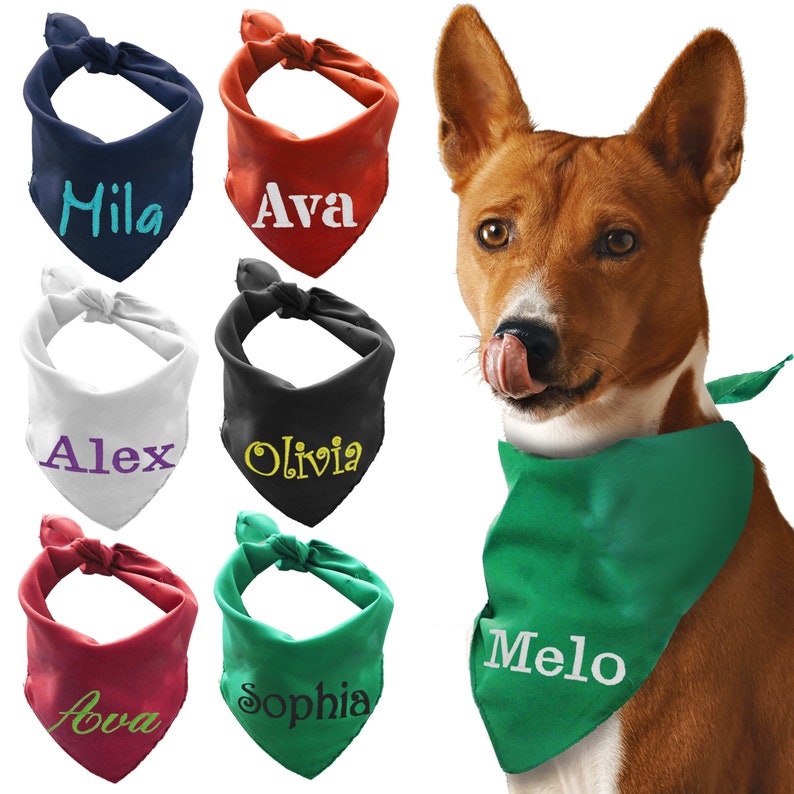 May include: A collection of triangular pet bandanas in navy, red, white, black, pink, and green. Each bandana features a personalized name embroidered in a contrasting color, including the names Mila, Ava, Alex, Olivia, Aova, Sophia, and Melo.