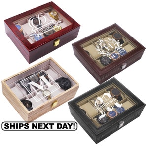 Personalized 6 or 10 Watch Display Case, Custom 6 or 10 Watch Case, Customized 6 or 10 Slot Watch Box with Glass Lid