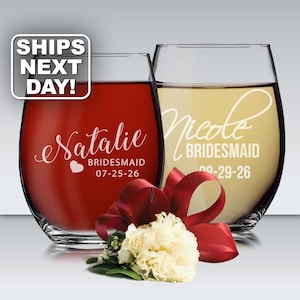 Etched Stemless Wine Glasses, Personalized Wine Glass, Custom Wine Glasses, Bridesmaid Gift, Bridesmaid Stemless Wine Glasses Personalized
