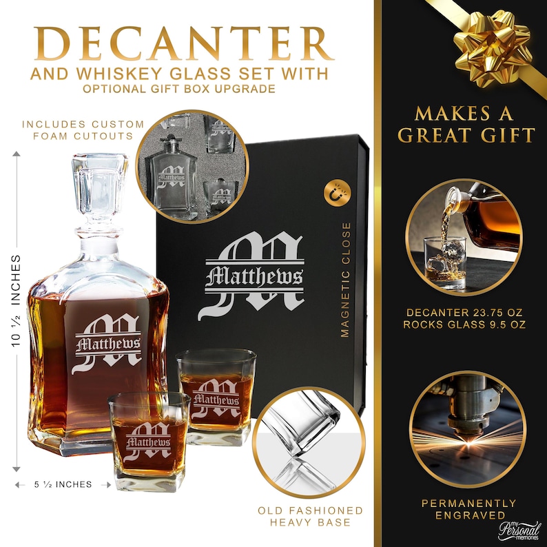 May include: A clear glass decanter and two rocks glasses set, each engraved with the name Matthews. The decanter is 10.5 inches tall and 5.5 inches wide. The set includes a black magnetic gift box with foam cutouts, a 23.75 oz decanter, and 9.5 oz glasses.
