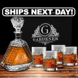 Personalized Whiskey Decanter Set, Engraved Triangle Decanter and Rocks Glasses, Bourbon Gift