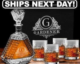Personalized Whiskey Decanter Set, Engraved Triangle Decanter and Rocks Glasses, Bourbon Gift