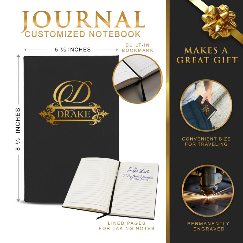 Puede incluir: Cuaderno negro personalizado con letras doradas. El cuaderno mide 14 cm de ancho y 21,6 cm de alto. La portada dice "JOURNAL" y "DRAKE". Incluye un marcador de p&aacute;gina incorporado y p&aacute;ginas rayadas para tomar notas.