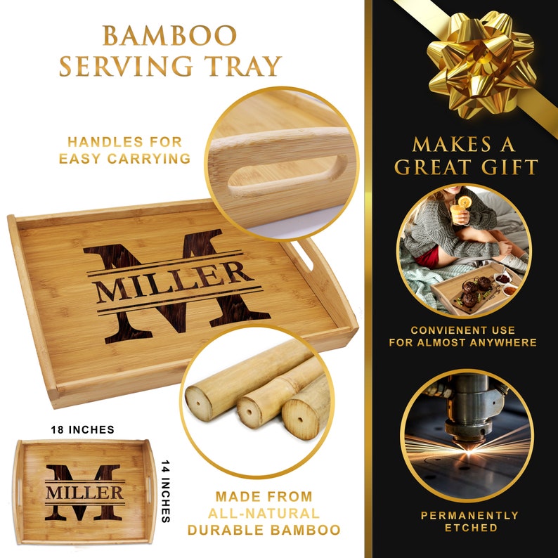 May include: A rectangular bamboo serving tray measuring 18 inches by 14 inches. The tray features a laser-etched letter M and the name MILLER in the center. It includes side handles, a natural wood grain finish, and is made from bamboo.