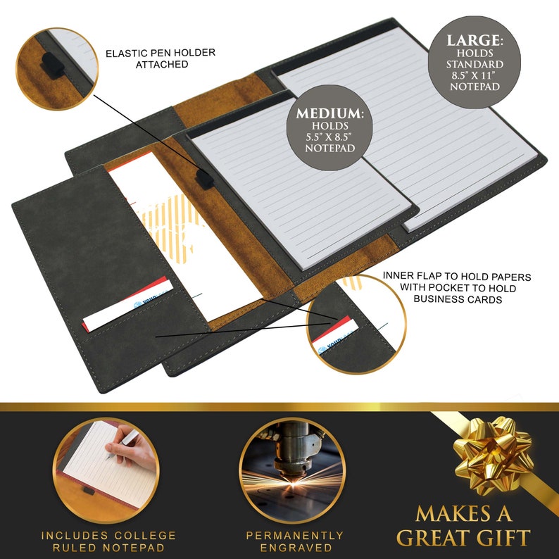 May include: A dark gray and brown leather-like portfolio featuring an elastic pen holder, an inner flap for papers, and a pocket for business cards. It includes a medium 5.5" x 8.5" notepad and a large 8.5" x 11" notepad, with college ruled paper.