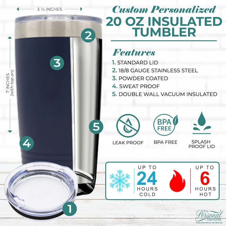 May include: A 20 ounce stainless steel insulated tumbler with a navy blue and silver exterior. The tumbler features a standard lid, is leak proof, BPA free, and has a splash proof lid. It is double wall vacuum insulated and keeps drinks cold for up to 24 hours and hot for up to 6 hours.
