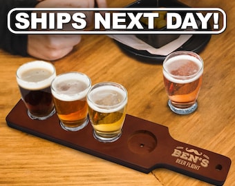 Personalized Craft Beer Gifts, Custom Beer Tasting Flight, Beer Sample Tray, Beer Paddle with 4 Glasses, Monogrammed Beer Flight Board