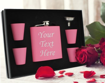 Custom Personalized Pink Flask, Customized Pocket Flask, Engraved Pink Flask with Your Customized Text, Gift for Girlfriend, Friend Birthday